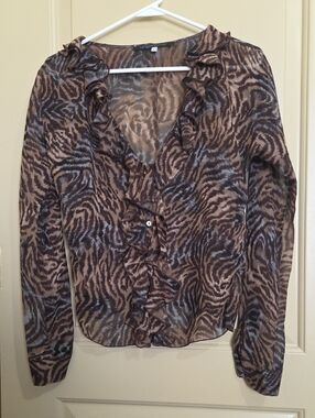 Emanuel Ungaro Fever Brown and Tan Animal Print Ruffle V-Neck Blouse